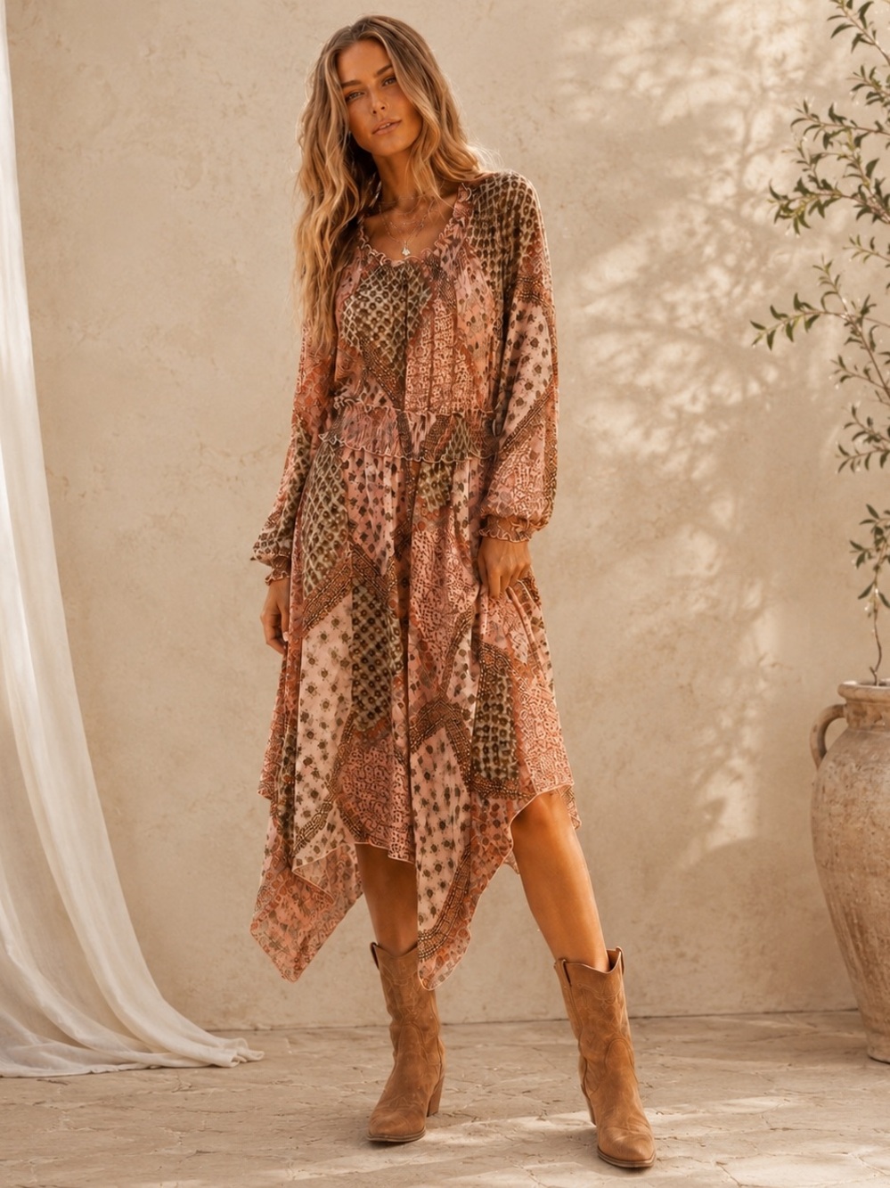 KATE LILY Boho Patchwork Handkerchief Hem Dress Size 8 Romantic Festival Midi
